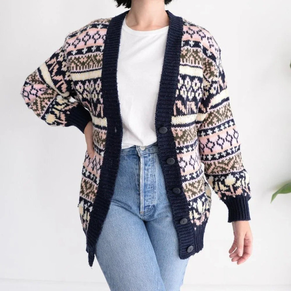 Vintage Pure Stuff Navy and Pink Knit Button Cardigan  Size Small - Picture 1 of 12